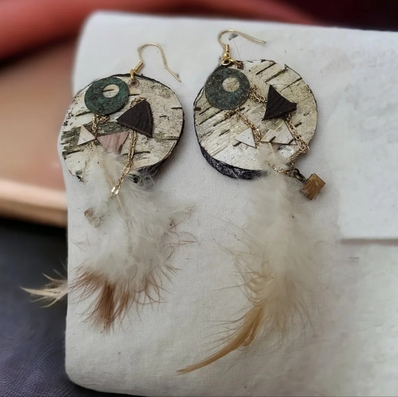 Hand Crafted Jewelry - Circle White Birch Feather Leather Chain Wood Earrings
